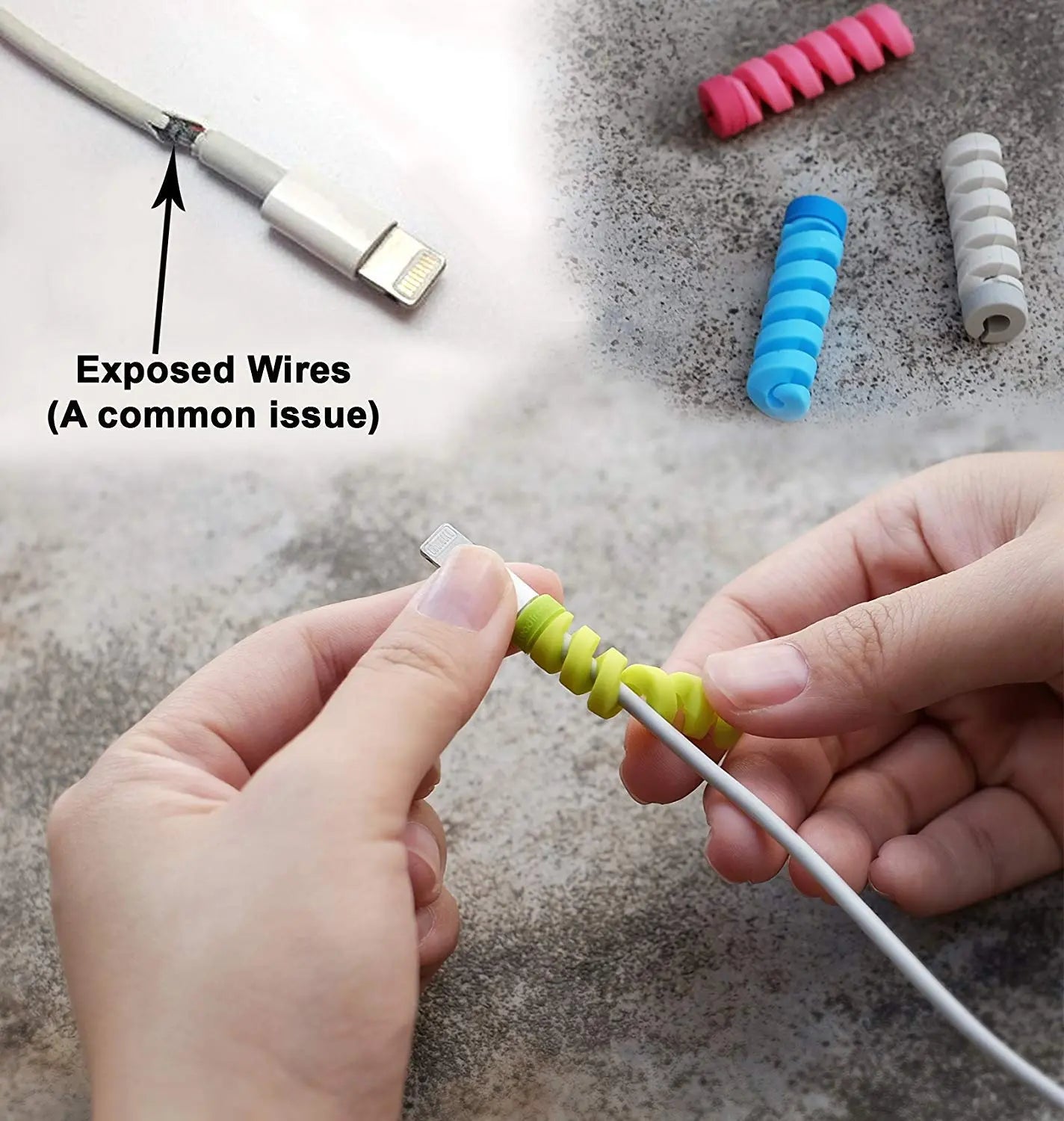 Phone charging cable protected from bending using spiral cable protector